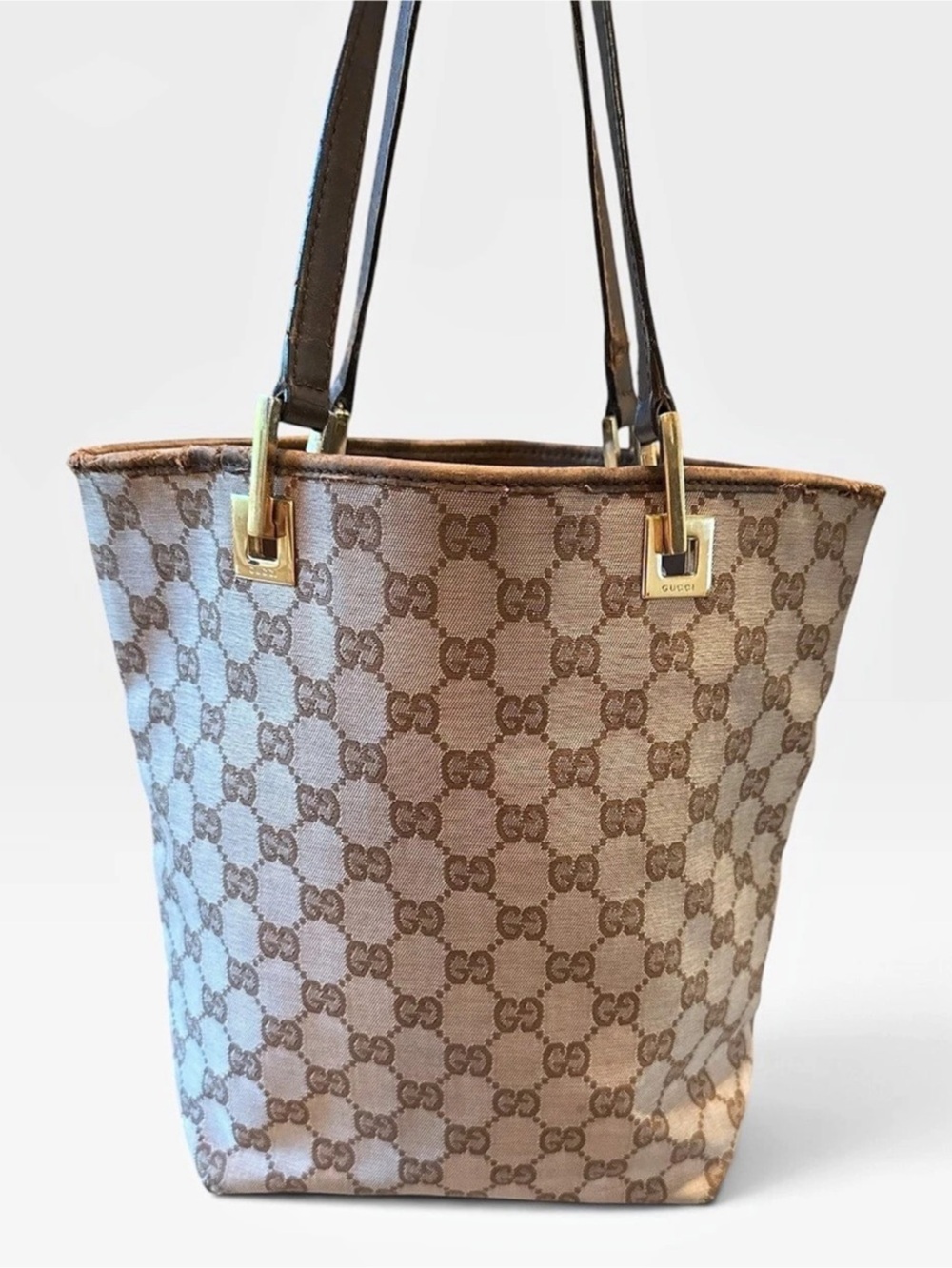 Gucci Authentic Vintage GG Monogram Canvas Bucket Tote Bag Brown Beige Y2K